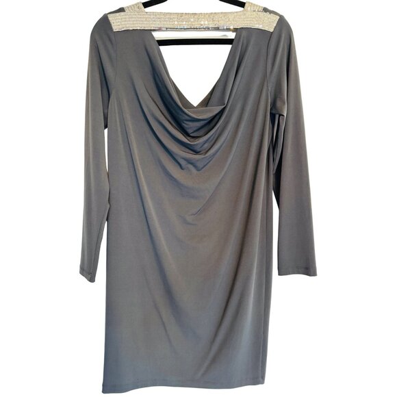 Calvin Klein Size 6 Grey Draped Dress With Sequined Neckline - Picture 2 of 10